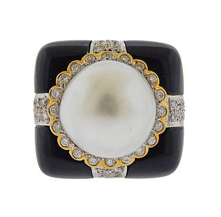 18K Gold Diamond South Sea Pearl Onyx Cocktail Ring 