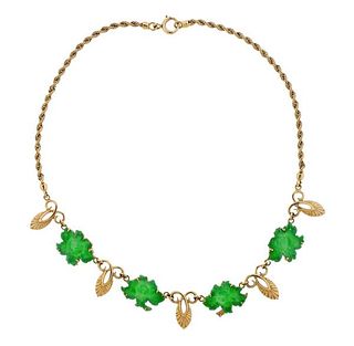14K Gold Carved Jade Necklace 