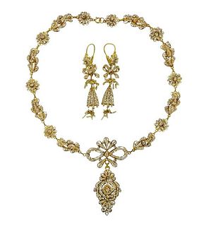 Antique Filigree 18k Gold Seed Pearl Earrings Necklace Set 