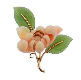 14k Gold Carved Coral Nephrite Jade Brooch Pin 