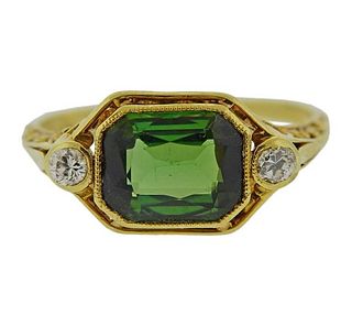Larter &amp; Son Art Deco Filigree 18k Gold Diamond Tourmaline Ring 