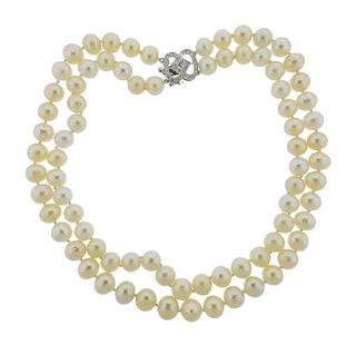 18K Gold Diamond Pearl Double Strand Necklace