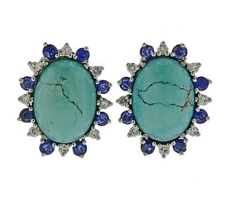 18K Gold Diamond Sapphire Turquoise Earrings