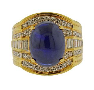17ct Sapphire Cabochon 18k Gold Diamond Ring 