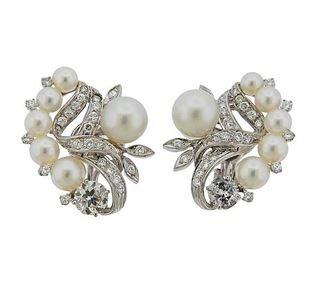 1950s 14K Gold Diamond Pearl Earrings