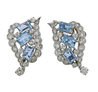 1950s Platinum Aquamarine Diamond Earrings 