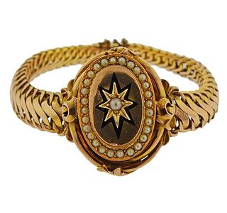 Antique Victorian 14K Gold Pearl Enamel Bracelet