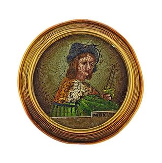 Antique 18k Gold Micro Mosaic Portrait Brooch Pendant 