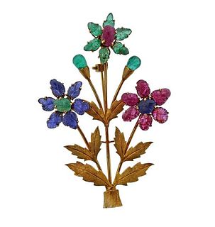 14k Gold Carved Emerald Ruby Sapphire Flower Brooch Pin 