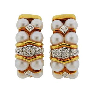 18k Gold Diamond Pearl Half Hoop Earrings 