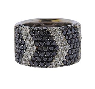 18k Gold White Black Diamond Wide Band Ring 