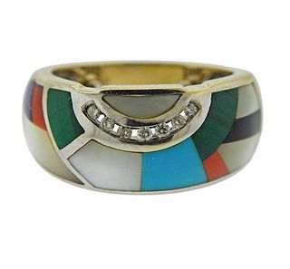  14K Gold Diamond Multi Color Stone Inlay Ring