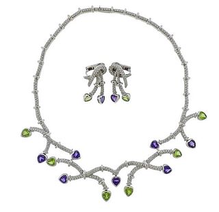 18K Gold Amethyst Peridot Diamond Necklace Earrings Set