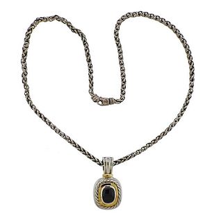 David Yurman Silver 14K Gold Onyx Pendant Necklace