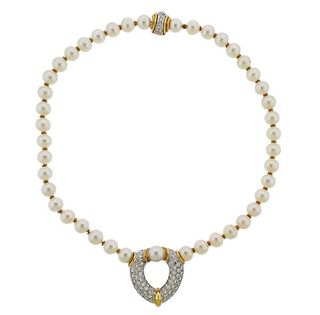 18K Gold Pearl Diamond Heart Pendant Necklace