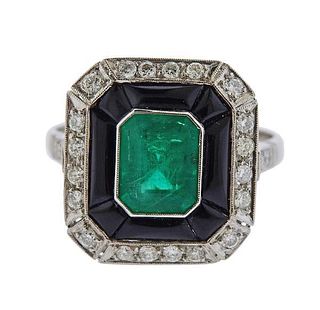 Platinum Diamond Onyx 1.70ct Emerald Ring