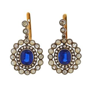 Antique 18k Gold Diamond Pearl Blue Stone Earrings