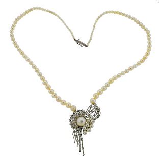 1950s 14k Gold Diamond Pearl Spray Pendant Necklace 