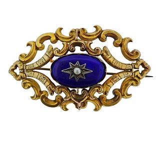 Antique Victorian 14k Gold Pearl Enamel Brooch Pin