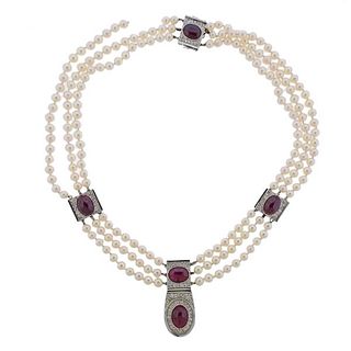 14k Gold Diamond Ruby Pearl Multi Strand Necklace 