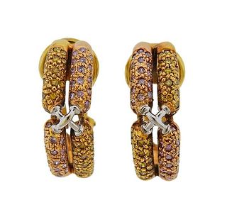 18K Gold Yellow Pink Diamond Half Hoop Earrings