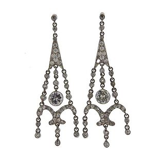 Art Deco Platinum Gold Diamond Drop Earrings 