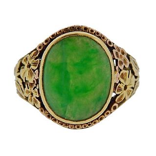 Arts &amp; Crafts 14k Gold Jade Ring 
