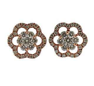 14k Rose Gold Diamond Stud Flower Earrings 