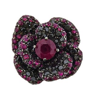 18k Black Gold Diamond Ruby Flower Pendant 