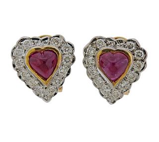 14K Gold Diamond Ruby Heart Earrings