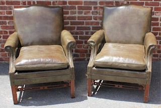 Pr Of Vintage Leather Upholstered Club Chairs