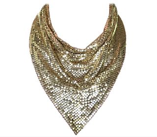 1970s Whiting and Davis Golden Metal Mesh Disco Necklace