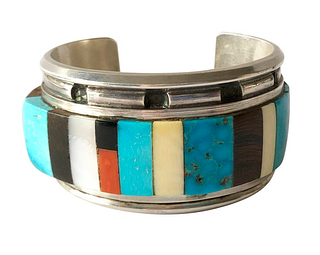 1980s Navajo Turquoise Coral Wood Onyx Shell Mosaic Sterling Cuff Bracelet