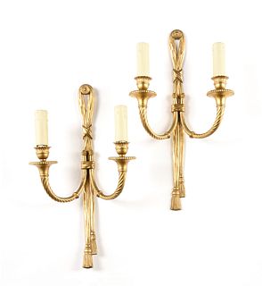 A PAIR OF NEO-CLASSICAL STYLE GILT BRONZE TWO LIGHT WALL SCONCES, 20TH CENTURY,