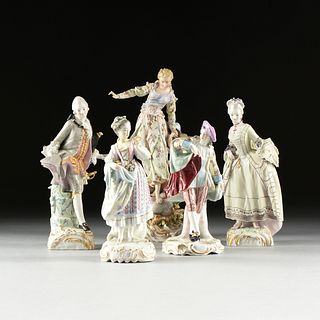 A GROUP OF FIVE FRENCH AND GERMAN PORCELAIN FIGURES, EACH SIGNED, LATE 19TH/EARLY 20TH CENTURY,
