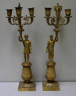 Pr Of Antique Gilt Bronze Figural Candlebra