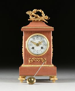 A LOUIS XVI STYLE GILT BRONZE MOUNTED PINK MARBLE MANTLE CLOCK, WORKS BY MOUGIN, EARLY 20TH CENTURY,
