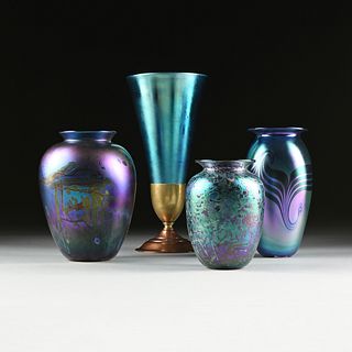 A GROUP OF FOUR BLUE IRIDESCENT ART GLASS VASES, 20TH CENTURY,