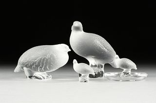 FOUR VINTAGE LALIQUE CLEAR FROSTED CRYSTAL FIGURINES AND DESKWARES, "PERDRIX," PARIS, MID 20TH CENTURY,