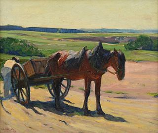 HENRY GEORGE KELLER (American 1869-1949) A PAINTING, "Horse Cart in Landscape," 1916,