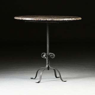 AN ART DECO WROUGHT IRON AND MARBLE TOP BISTRO PEDESTAL TABLE, EARLY 20TH CENTURY,