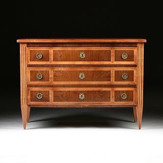 A NEOCLASSICAL CHERRY AND WALNUT PARQUETRY INLAID CHEST OF DRAWERS, POSSIBLY GERMAN/NORTH ITALIAN, CIRCA 1800,
