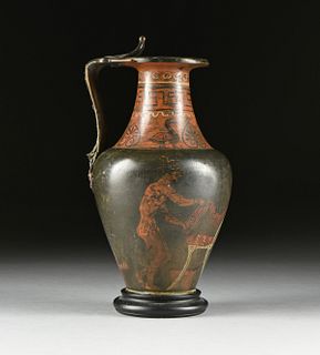 A ROMAN STYLE RED FIGURE POLYCHROME BRONZE OINOCHOE WINE VESSEL, POSSIBLY ALEXANDRIA, IN THE 1ST CENTURY BC/1ST CENTURY AD TASTE, 