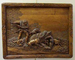 Signed Black Forest Style Carved Wood Relief.