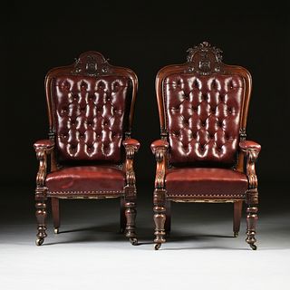A PAIR OF EARLY VICTORIAN TUFTED LEATHER MAHOGANY LEATHER ARMCHAIRS, CIRCA 1844,