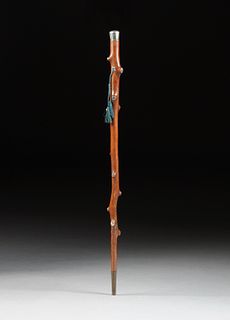 A REPUBLIC OF TEXAS ENGRAVED SILVER PLATE MOUNTED CARVED WOOD WALKING STICK, COMMEMORATING THE BATTLE OF SAN JACINTO,  BELONGING TO ARCHIBALD ST. CLAI