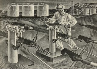 ALEXANDRE HOGUE (American/Texas 1898-1994) A PRINT, "Hooking on at Central Power," 1940, 