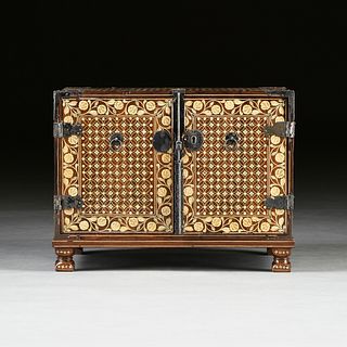 AN INDO-PORTUGUESE INLAID ROSEWOOD AND SILVER GILT INLAID MOUNTED TABLE TOP CABINET, PROBABLY GOAN, LATE MUGHAL EMPIRE (1526-1857), 