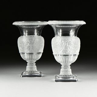 A PAIR OF LALIQUE FROSTED AND CLEAR CRYSTAL "VERSAILLES" VASES, ENGRAVED SIGNATURE, LATE 20TH CENTURY, 