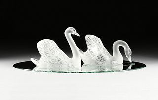 A PAIR OF LARGE LALIQUE CRYSTAL SWANS AND MIRROR PANEL, ENGRAVED SIGNATURE, 20TH CENTURY,